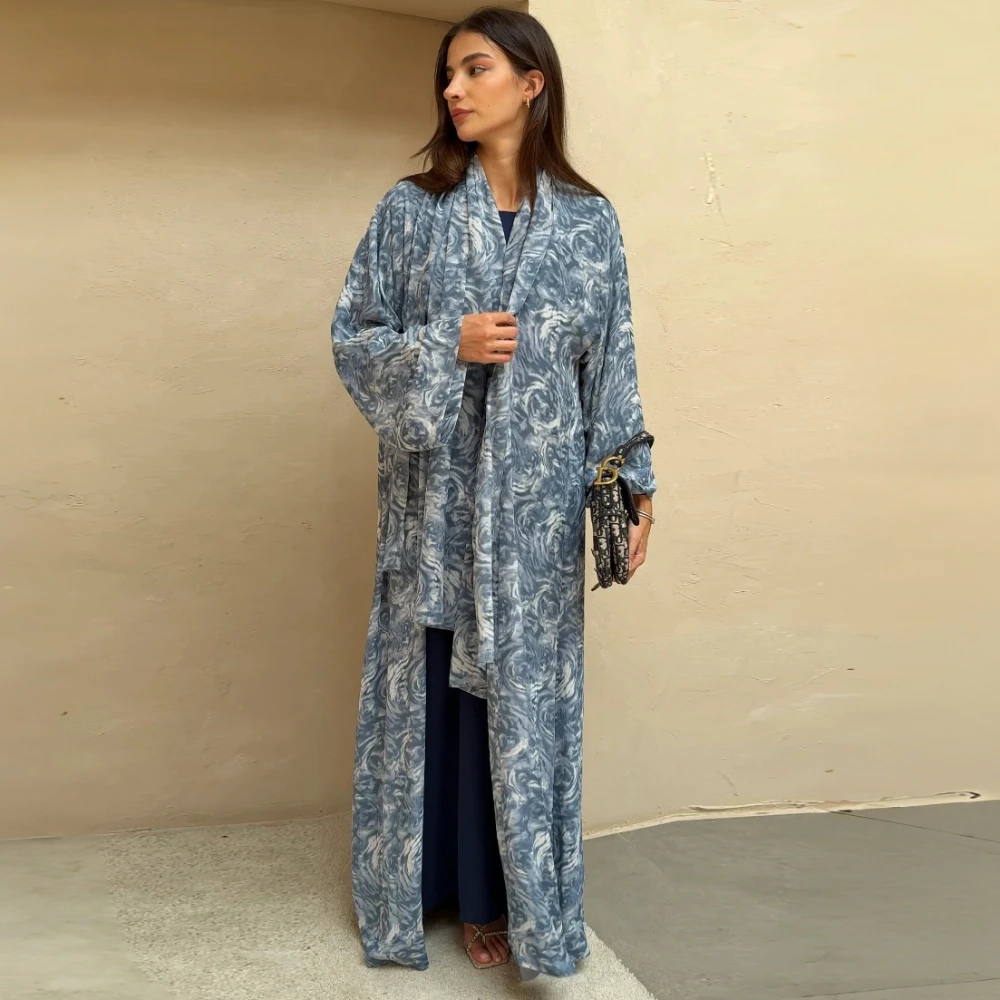 

Ближневосточная Абая с открытым передом + Ханьиб, 2 шт., мусульманские женские абайи с принтом, исламские кафтаны, свободные платья макси с длинными рукавами, джилбабс