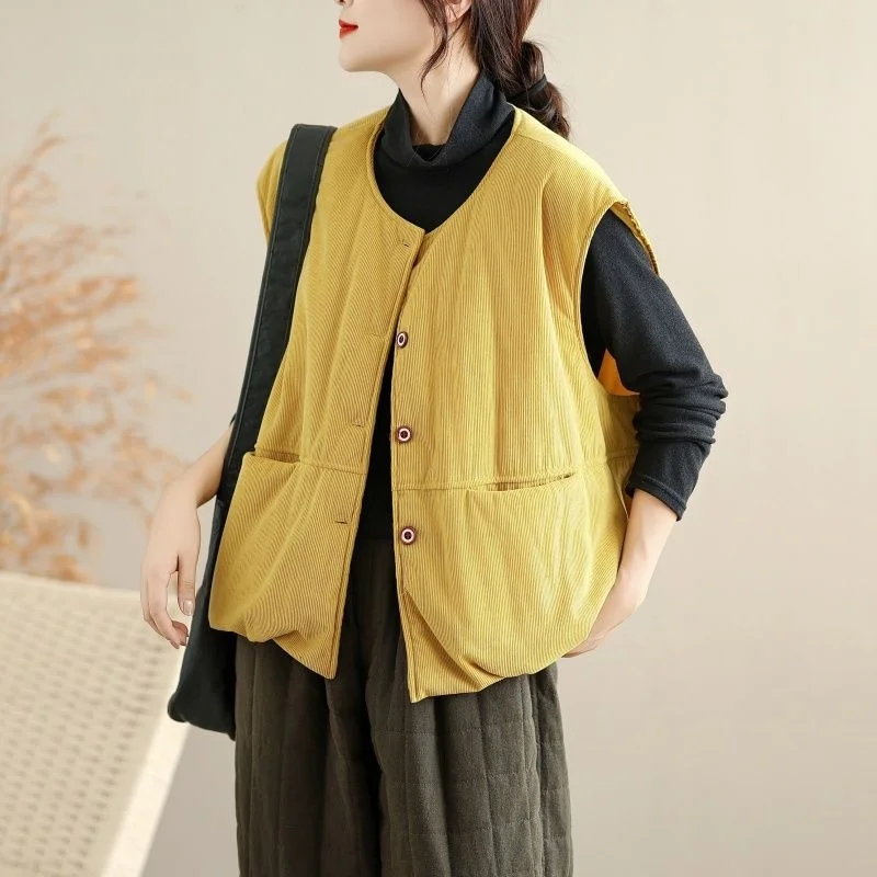 Women’s Corduroy Vest Japanese Retro Yellow Cotton Sleeveless Waistcoat Loose Short Top for Spring Autumn w1472