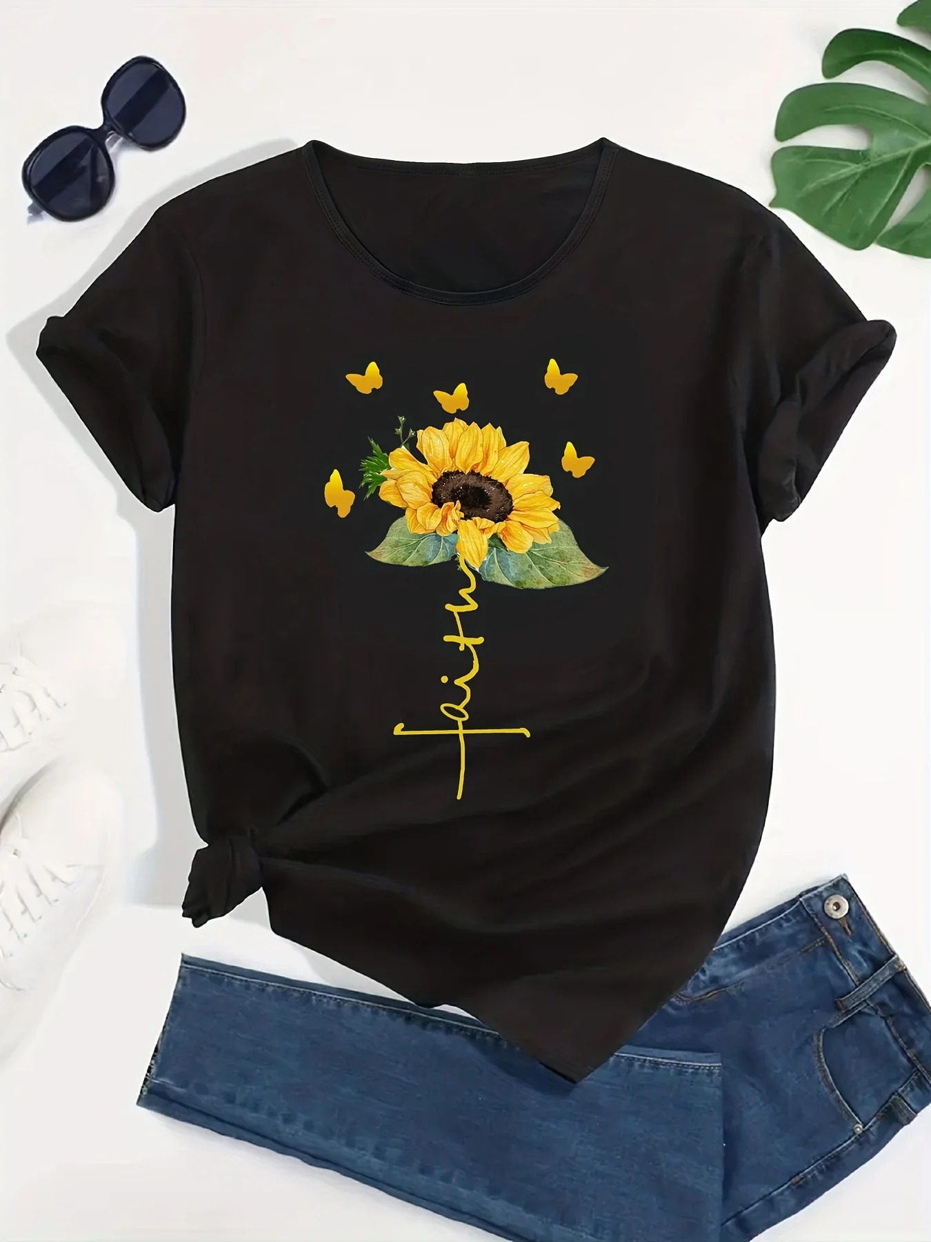 Sunflower Graphic Casual T-shirt Round Neck Letter Printed Summer Sports Workout Top Women's Harajuku Short Sleeve Casual