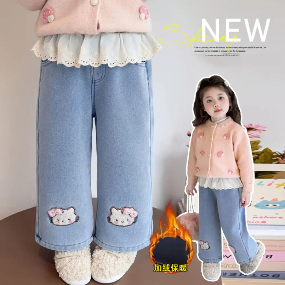 

Sanrio Hello Kitty Girls' Jeans New Fashionable Fleece-Lined and Thickened Winter Blue Straight Leg Jeans Cute Cat Embroidery