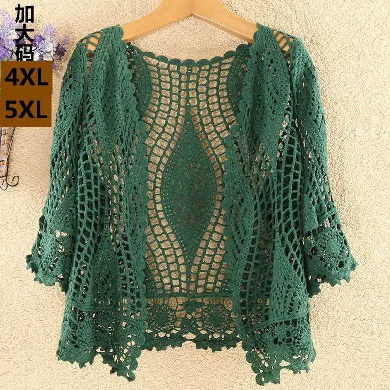 2024 New Women Flare Long Sleeve Shrug Cardigan Hollow Out Crochet Knitted Open Front Sheer Lace Cover Up Sweater Loose Outwear