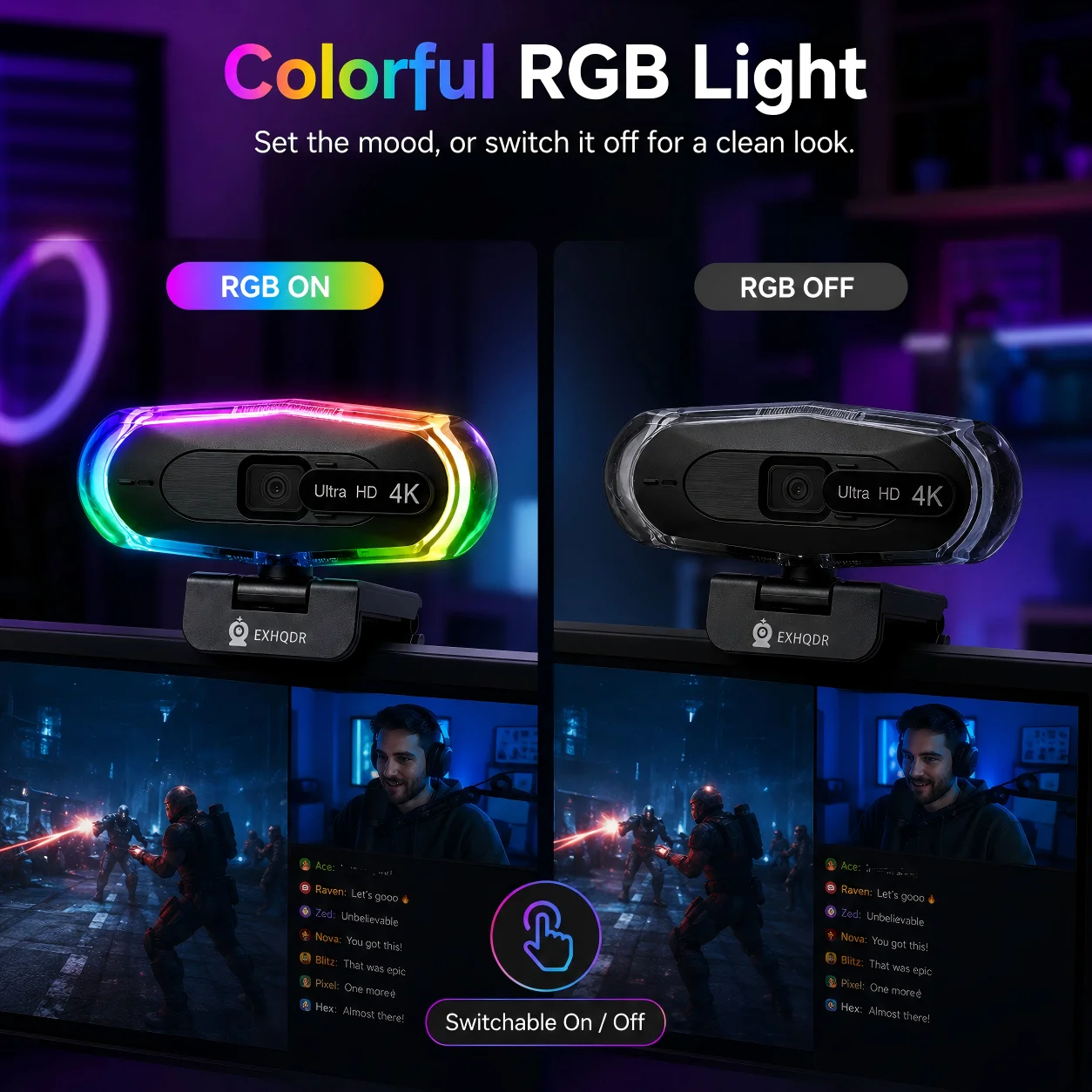 EXHQDR 4K & 1080P 60FPS Webcam with Autofocus, Dual Mics, RGB Lighting, Privacy Cover, Plug & Play for Streaming/Conferencing