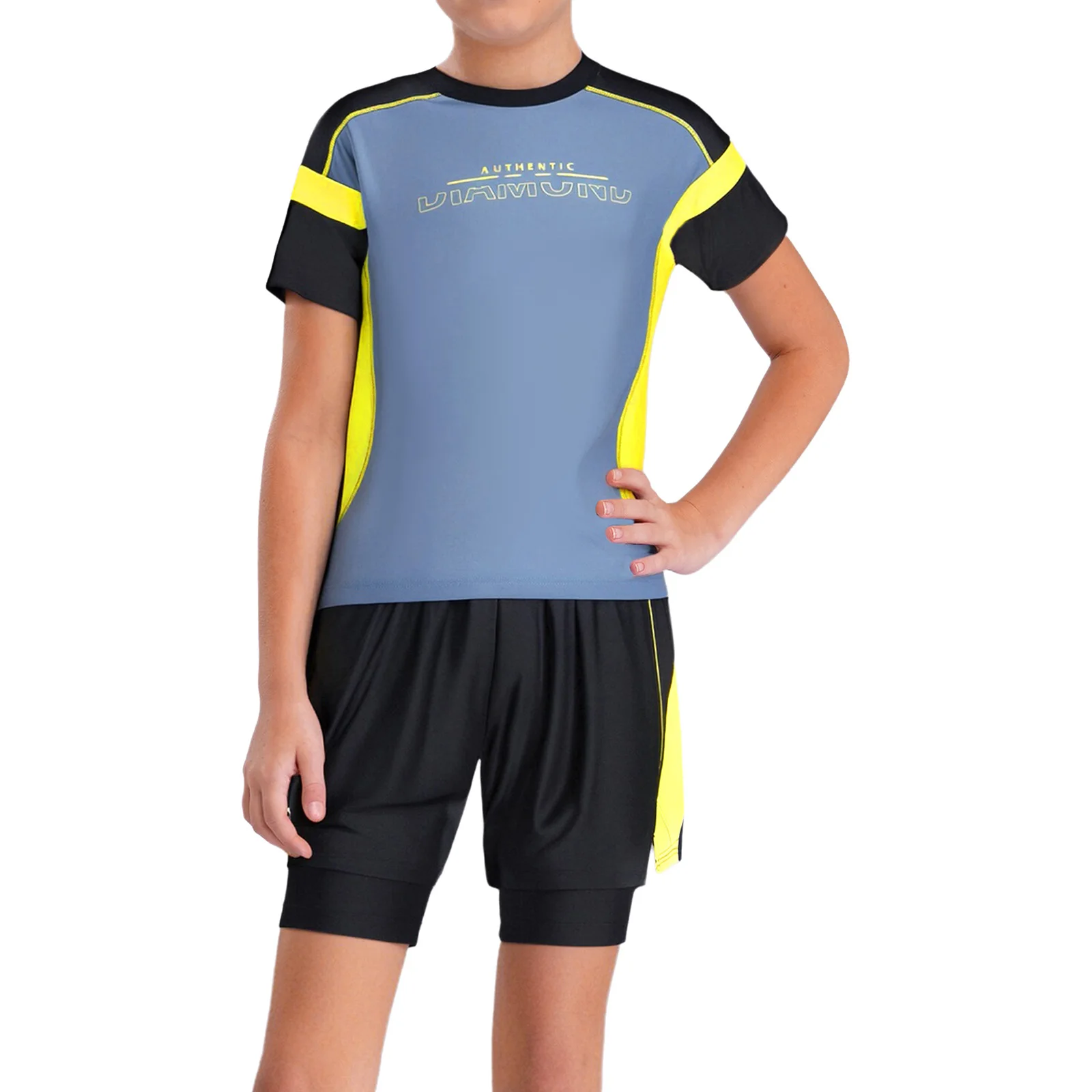 

Kids Boys Two-Piece Rash Guard Set Color Block Swimsuit Short Sleeve Top with Drawstring Elastic Waistband Double Layer Shorts