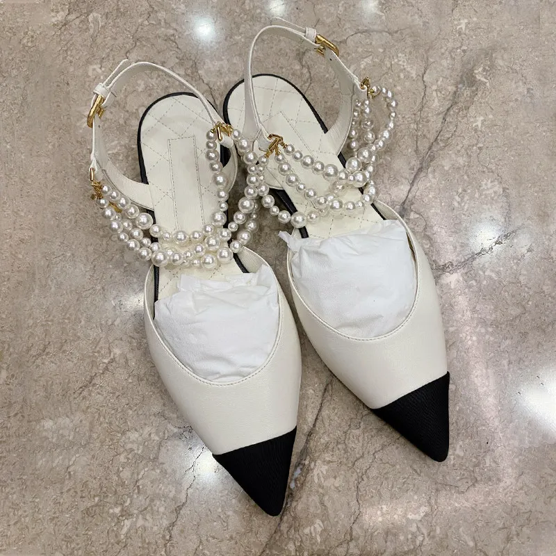 Pearl Chain Bag Head Sandals Women's Summer New Pointed French Celebrity Versatile Flats