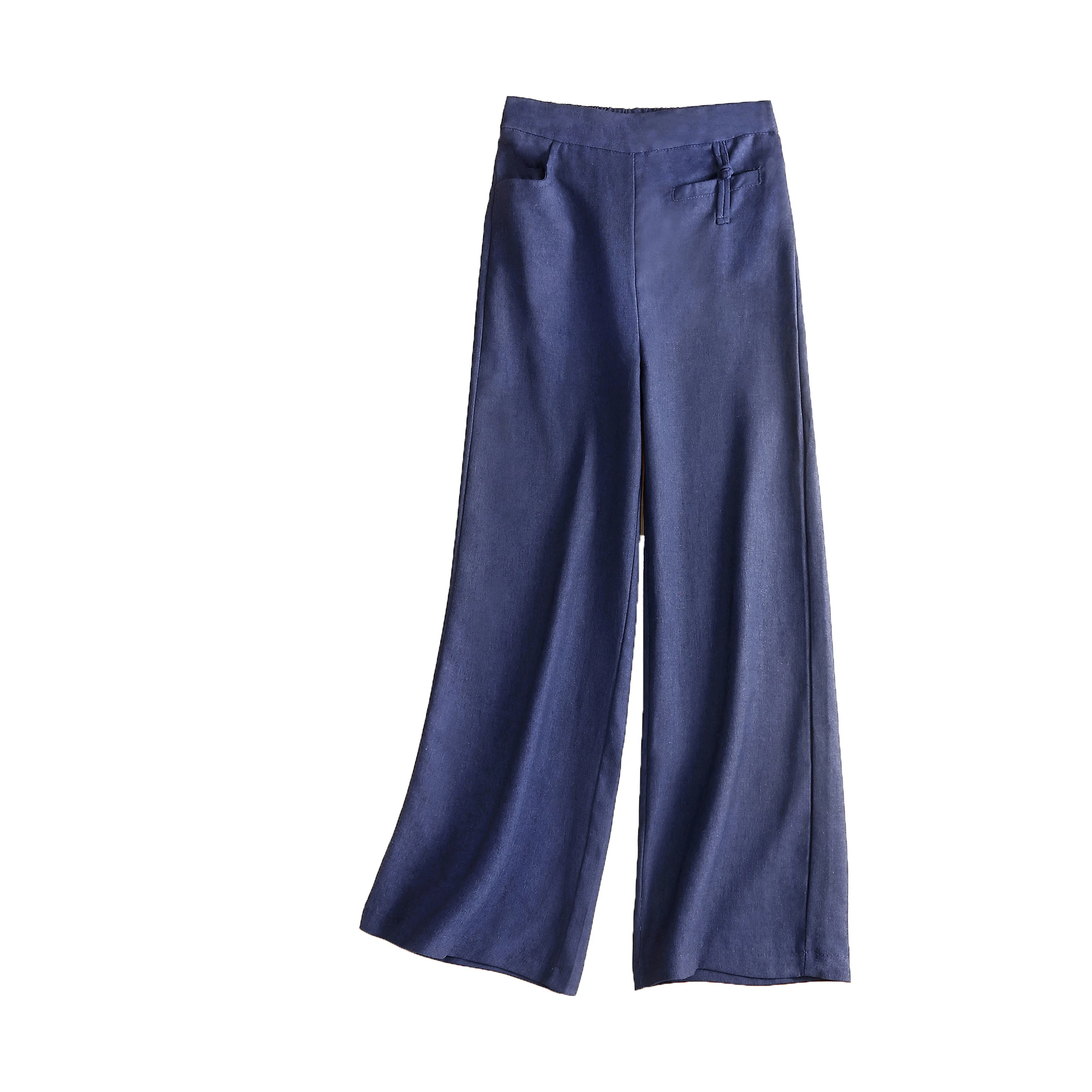 Botão retrô algodão linho cintura alta perna reta calças largas primavera solta emagrecimento drape calças casuais cor de linho L...
