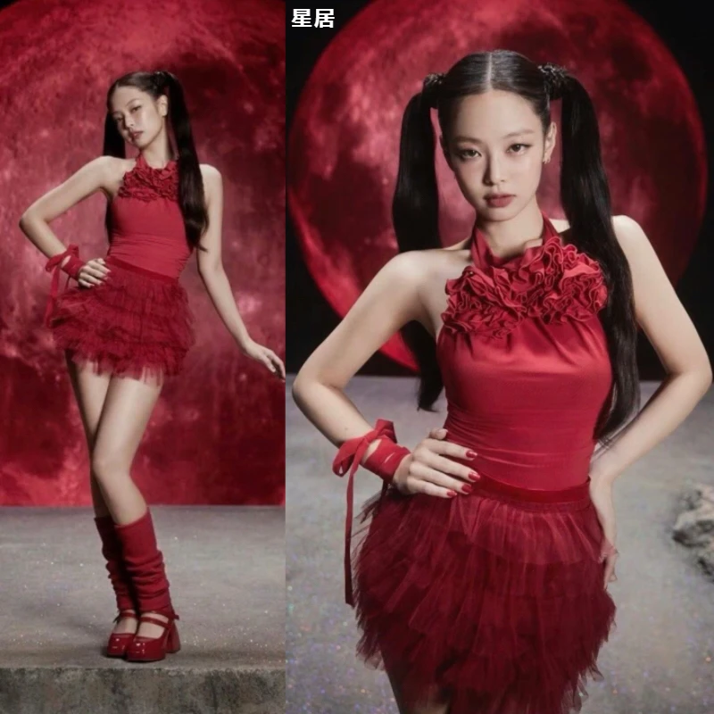 

Kpop Korean Women Group Y2k Jazz Dance Costume Red Flower Halter Vest Crop Top Lace-Up Puffy Skirt Club Stage Performance Outfit