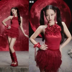 Kpop Korean Women Group Y2k Jazz Dance Costume Red Flower Halter Vest Crop Top Lace-Up Puffy Skirt Club Stage Performance Outfit