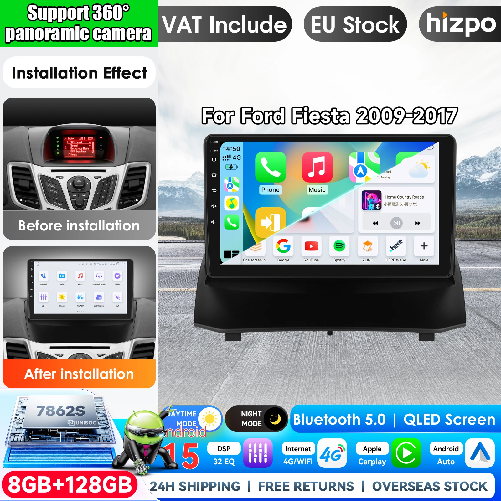 Image of Hizpo 9-Zoll Wireless CarPlay Android Auto Autoradio für Ford Fiesta 2009-2017 mit werkseitigem SYNC Multimedia Wireless Apple CarPlay Smart Intelligent Systems IPS Touchscreen Stereo Videoplayer 2