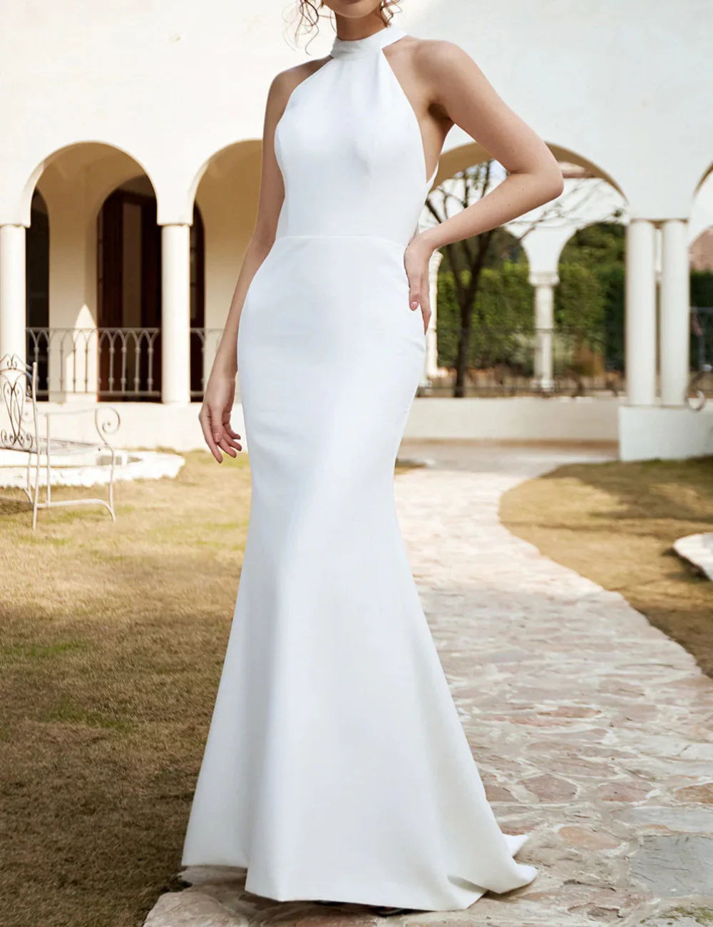 

Elegant Long Halter Neck Satin Wedding Dresses Sleeveless Mermaid Sweep Train Vestidos Novias Boda Bridal Gowns