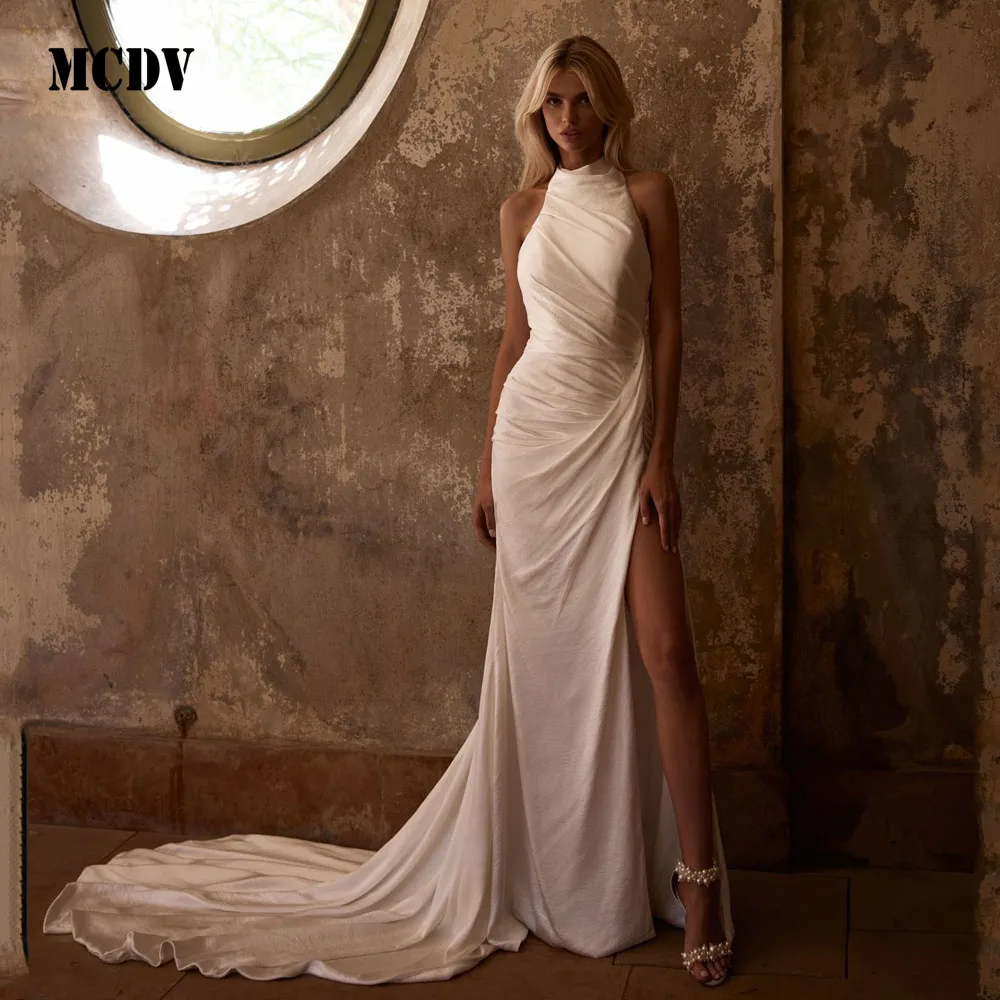 MCDV Customized Sexy Wedding Dress Bridal Gown Sleeveless Halter Neck Backless High Side Split Pleat Mermaid 2025 Customized