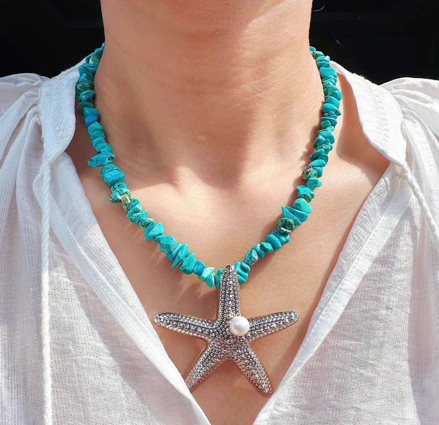 

Оригинальные нишевые украшения, морское нерегулярное ожерелье из натурального синего бирюзового бисера, жемчужная морская звезда, цепочка на ключицу