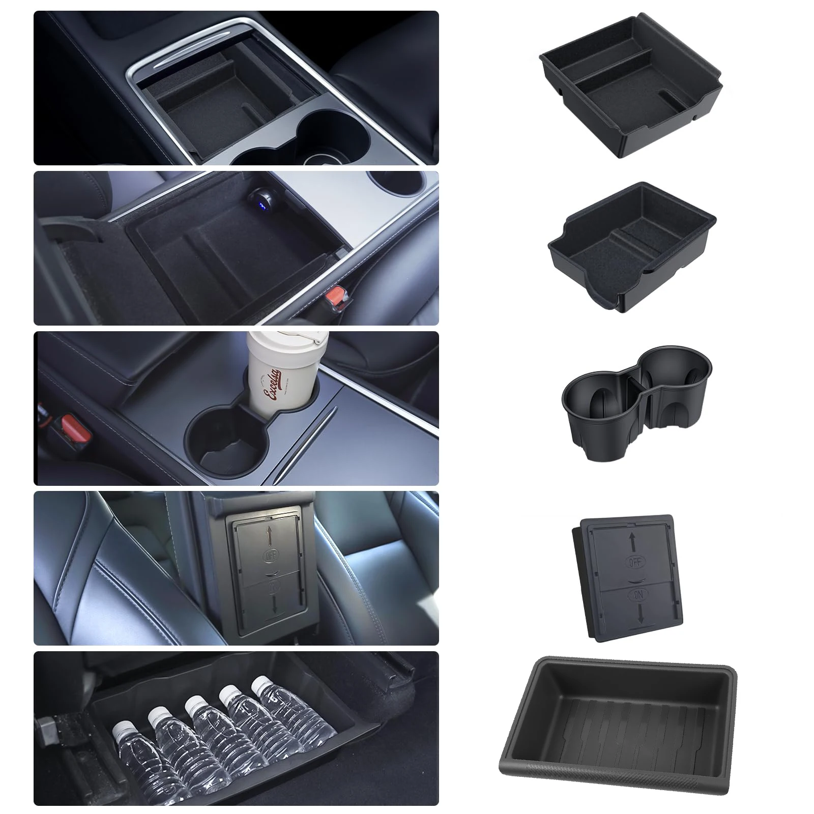 for Tesla Model Y 2024 Center Console Organizer Tray Armrest Hidden Drawer Under Seat Storage Box Cup Holder Insert Accessories