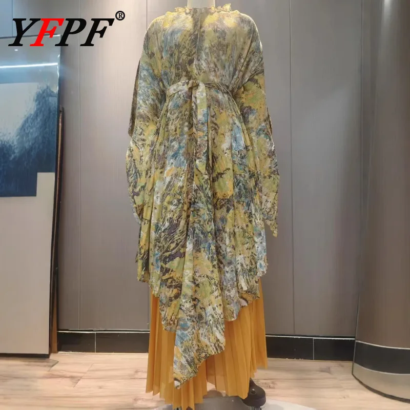 

YFPF 2025 Miyake плиссированный женский комплект с принтом, свободное платье нестандартной формы + широкие брюки, модная уличная одежда контрастного цвета