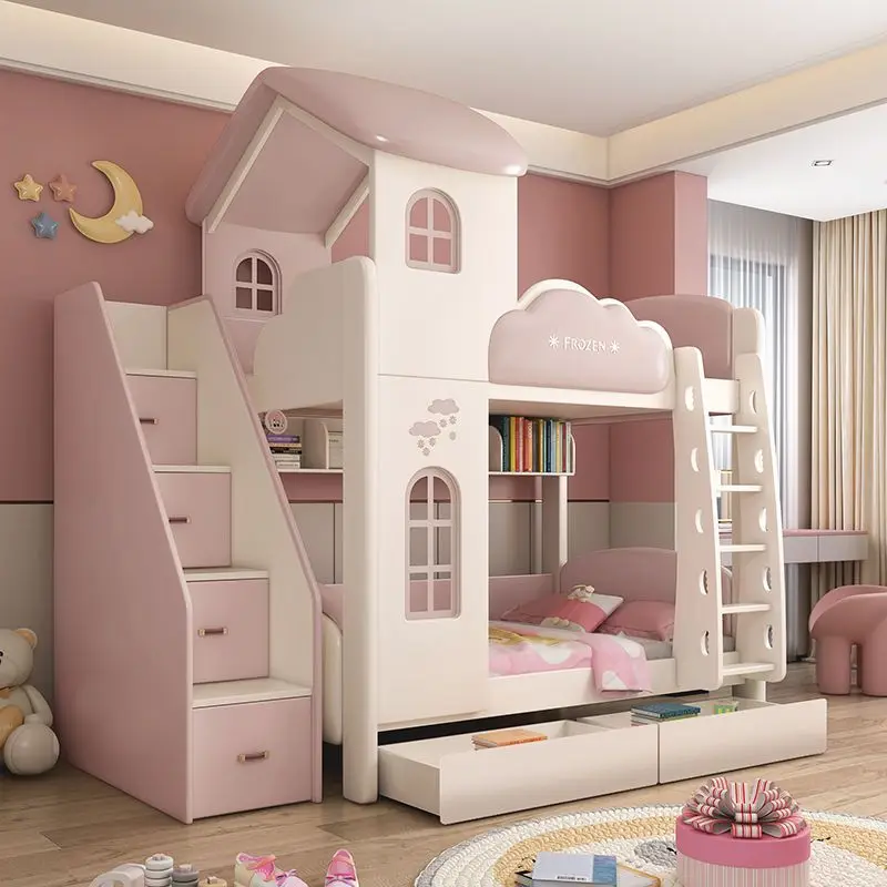 High and low pink princess bed, bunk bed of the same width up and down, small apartment space-saving soft bag up and down bed