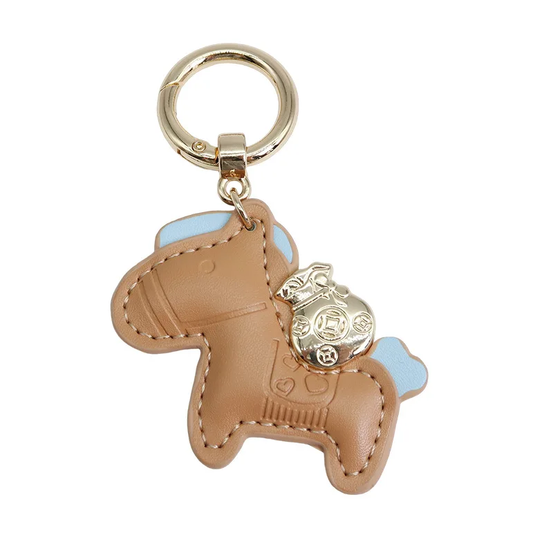 New Creative Handmade Leather Pink Instant Money Pony Car Keychain Cartoon Rocking Horse Bag Pendant Cut Keychain