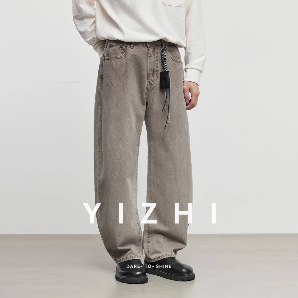 جديد لخريف وشتاء 2025 بنطال جينز فضفاض للرجال بلون كاكي فضفاض مناسب من قماش الدنيم مع حزام مزخرف بنطلون ملابس غير رسمي #3
