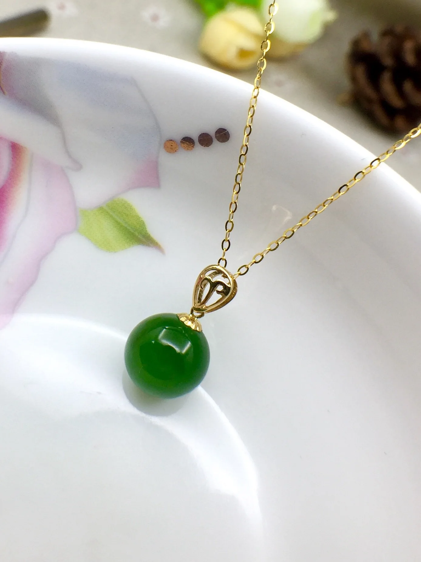 SHILOVEM 18k YELLOW gold Natural green Jasper pendant none  necklace fine Jewelry women wedding new gift 8mm  yzz080811by