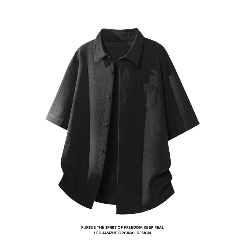 Male Relaxed Oversized Short Sleeve Shirt Lapel Collar Linen Like Cloth Chest Pocket For Travel And Weekend Gathering