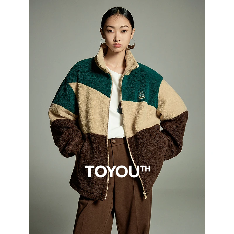 

Toyouth Women Plush Jacket 2023 Winter Long Sleeve Stand Collar Loose Thickened Coat Contrast Stitching Fashion Warm Outwear