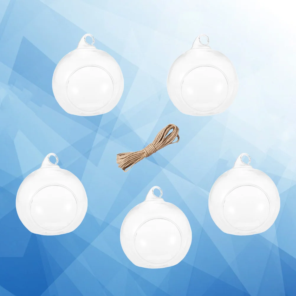 

5Pcs High Borosilicate Glass Ball Hanging Holder Smooth Touch Wedding Party Decor 10Cm Flat Bottom 9M Hemp Rope