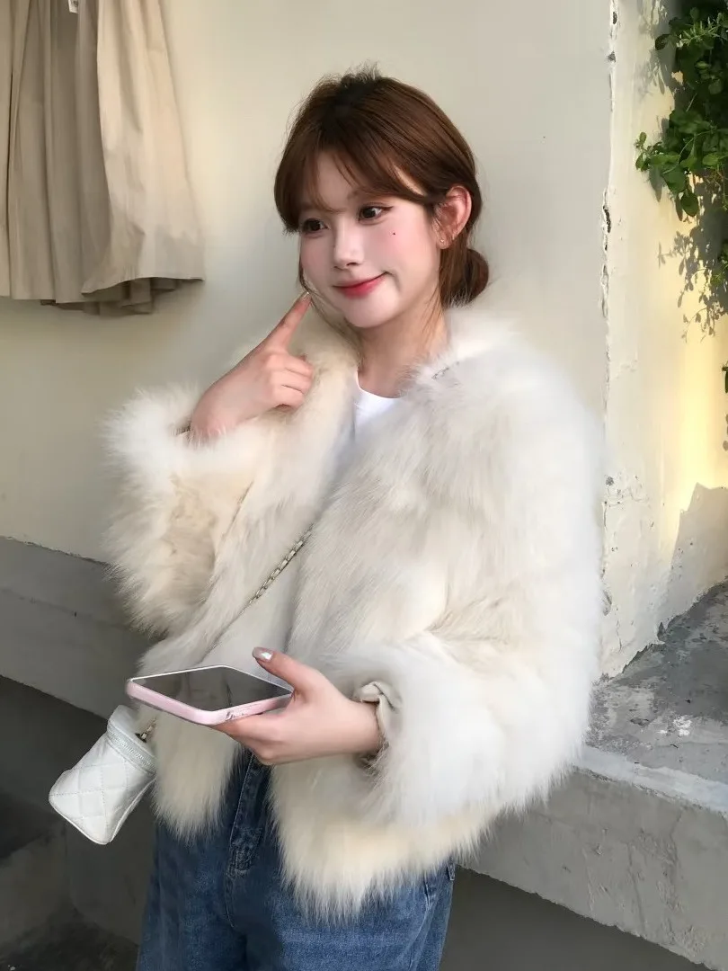 Abrigo de piel coreano Sle ort v-ne, prendas de vestir exteriores Faion para mujer, pelo sintético ecológico, abrigo de invierno de talla juvenil Jaet