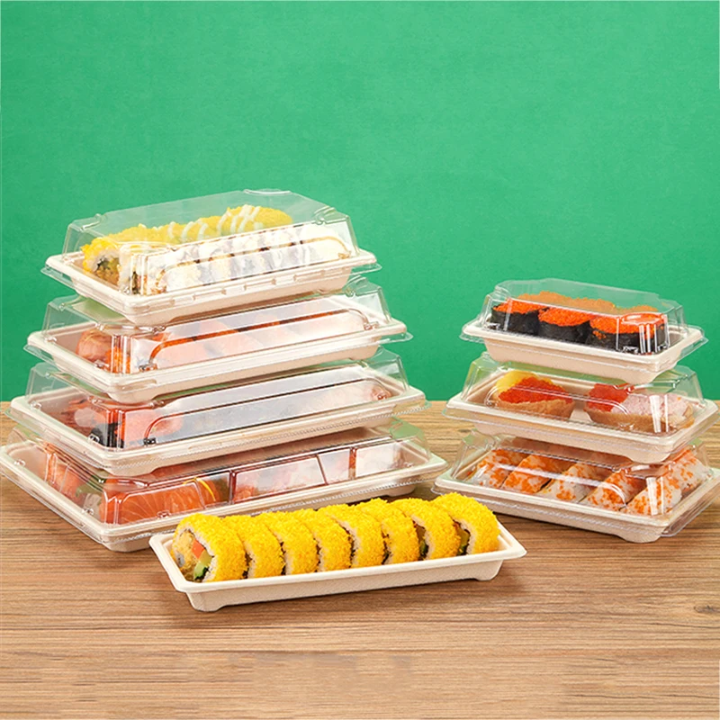 Disposable Sushi Box, Commercial Takeaway Packaging Tool, Environmentally Friendly Degradable Rectangle Japanese Tray, Beige