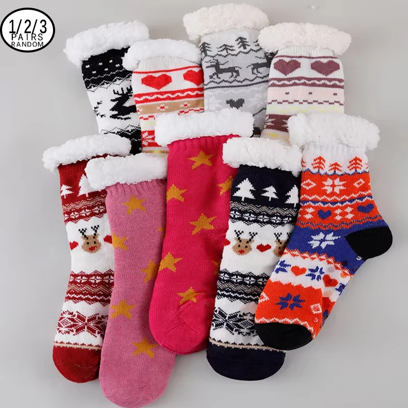 1/2/3 Pairs Random Women Classic Christmas Cartoon Pattern Comfort Thick Fleece Warm Mid Calf Socks