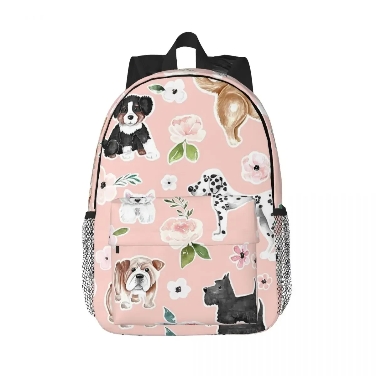 

Watercolor Dogs And Flowers On Pink, Pet Decor Backpacks Boys Girls Bookbag Cartoon Students School Bags Rucksack Shoulder Bag