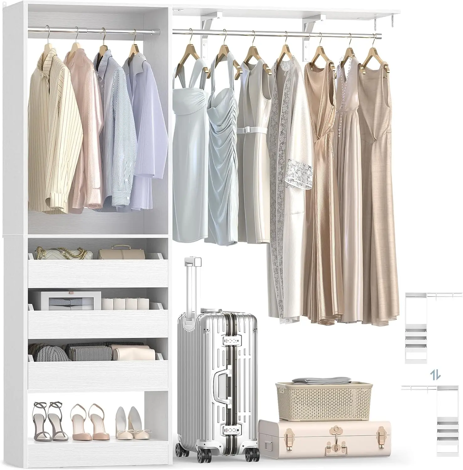 Closet System with 3 Half-Open Wooden Drawers, 60'' Closet Organizer , Customized