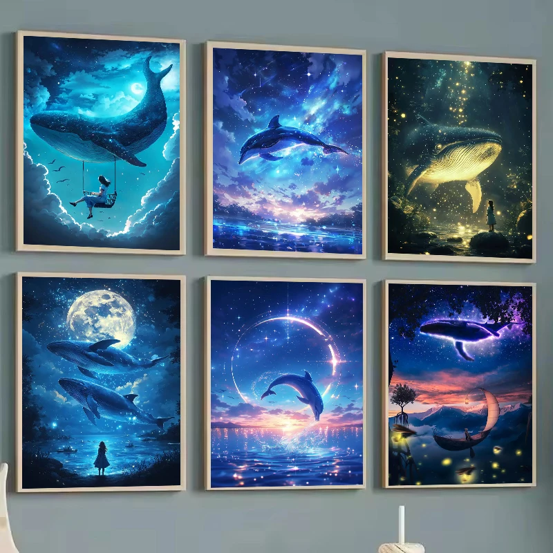 Traumhafte Wal-Poster, magische, ruhige Nacht, surreal, umgeben von Sternen, Drucke, Diamantmalerei, Kunst, Wandbilder, Heim- und Raumdekoration