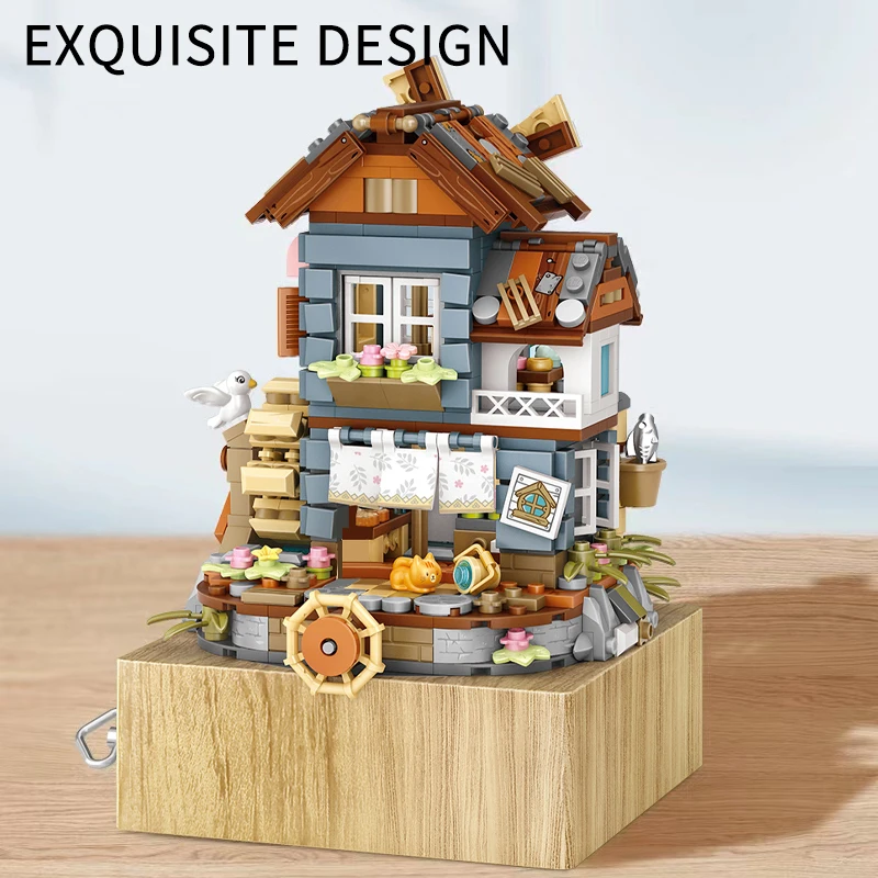 799 PCS Mini City Flower Windmill House Music Box Building Blocks Friends Figures Architecture Bricks Toys For Chlidren Gifts