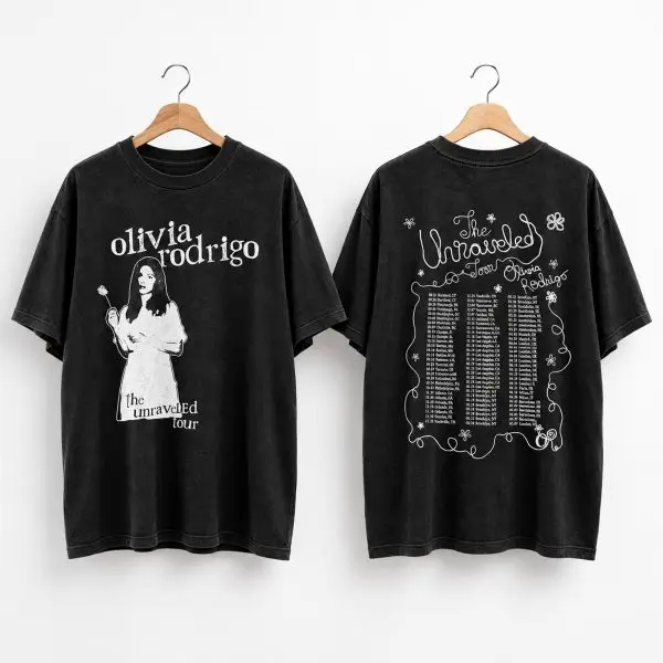 2026 Olivia Rodrigo The Unraveled Tour Merch T Shirt Retro Portrait Tour Dates Back Print Washed Black Oversized Tee Men Women