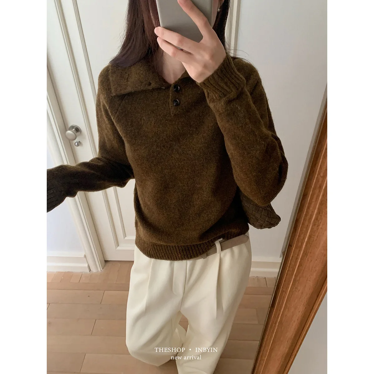 

Raglan Turn-down Collar Knitted Women's Elegant Top Long Sleeve Pullover Sweater