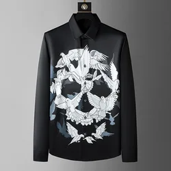Brand Peace Dove Skull Printed Shirt Men Slim Silk Non Ironing Casual Business Dress Shirt Vintage Social Party Tuxedo Blouse