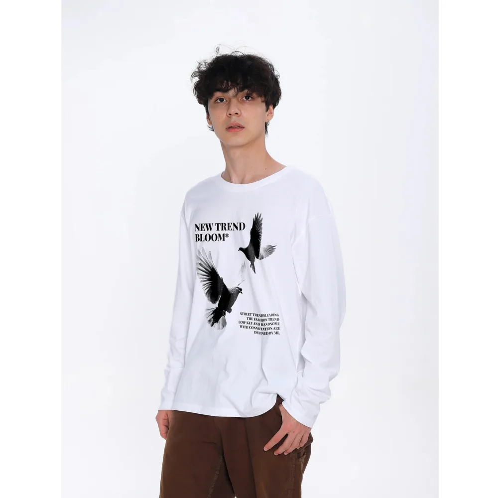 ZAZOMDE Urban Fashion Men Japanese Style Dove Pattern Long Sleeve Cotton Tee Soft Breathable Fit Streetwear Comfort Stretch