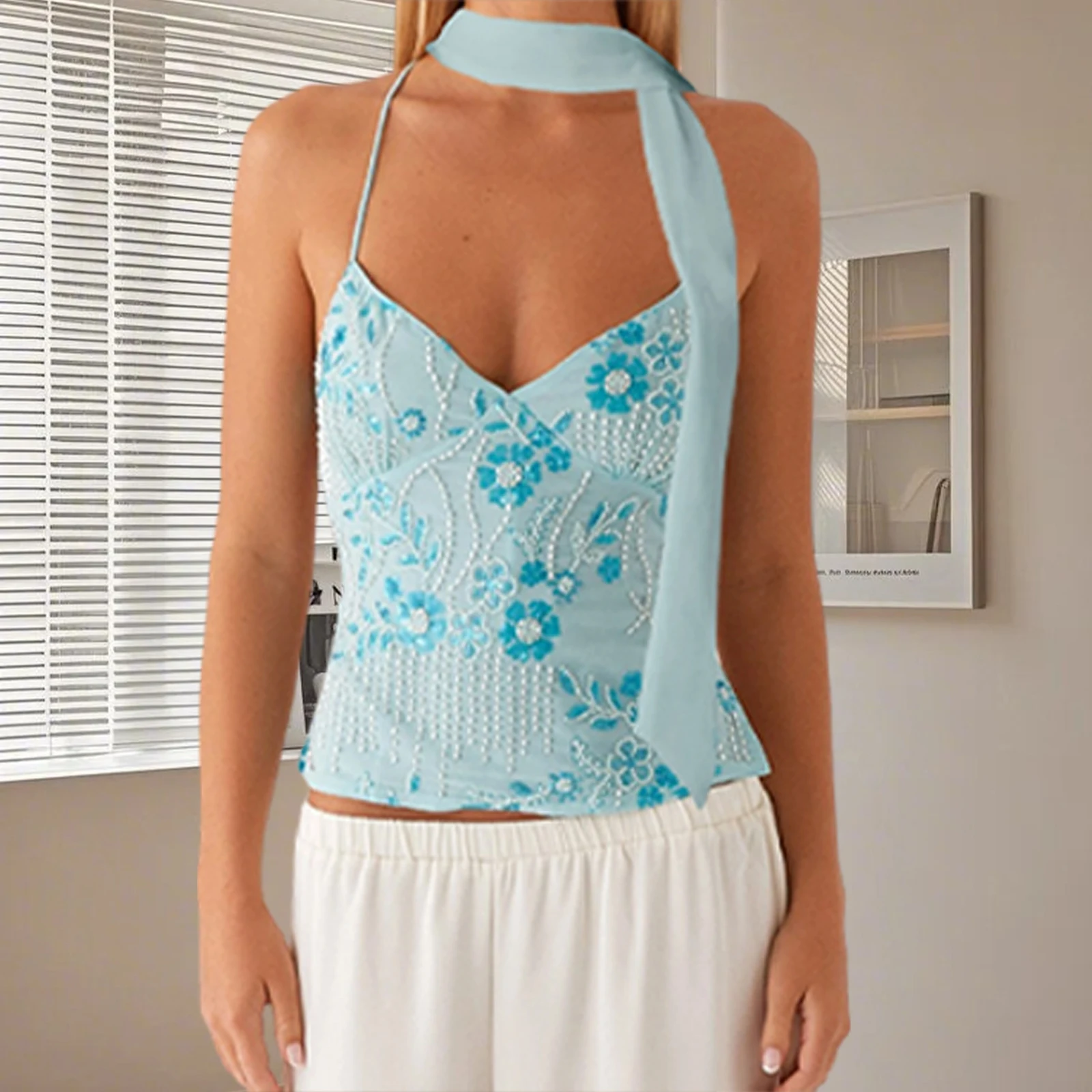 

Women Summer Sexy y2k Sequins Sparkle Crop Tops Sleeveless Backless Beaded Pearl Embellished Slim Cami Tanks Tops with Scarf