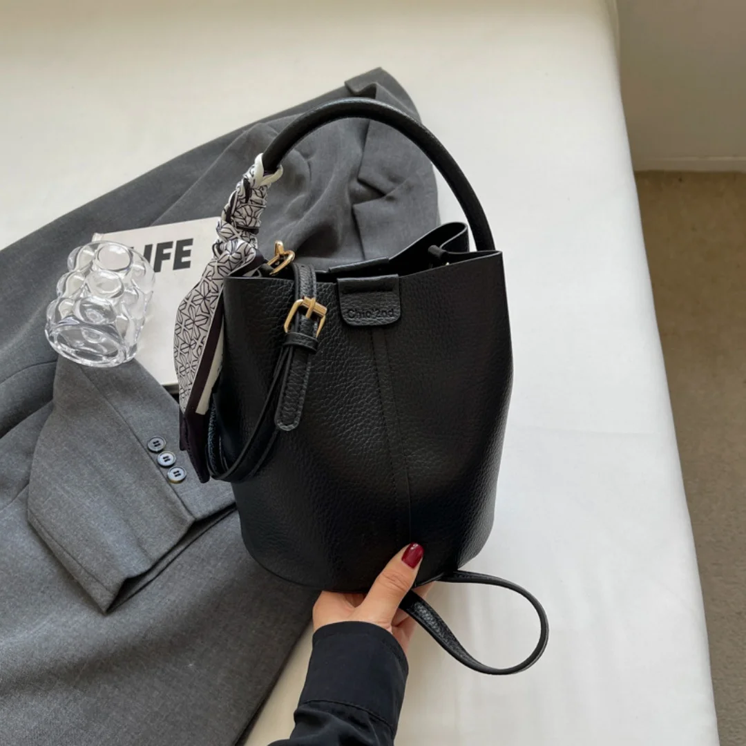 Women Litchi Grain PU Bucket Bag Silk Scarf Decor Magnetic Snap Detachable Strap Multicolor Crossbody Bag For Daily Shopping Use