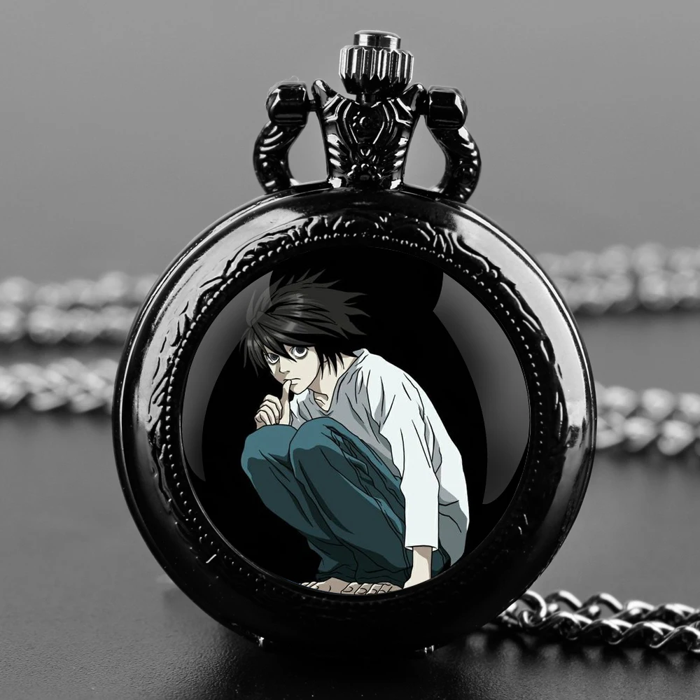 Death Note Design Glass Dome Quartz Pocket Watch With Durable Chain Arabic Numeral Dial For Men And Women Creative Gifts