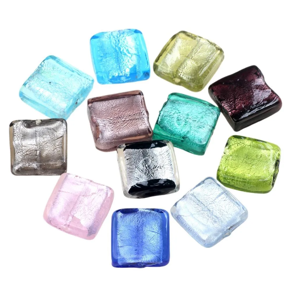 8PCS/Lot 20MM Multicolor Silver Foil Lampwork Glass Square Beads DIY Bracelet Necklace Earring For Jewelry Making