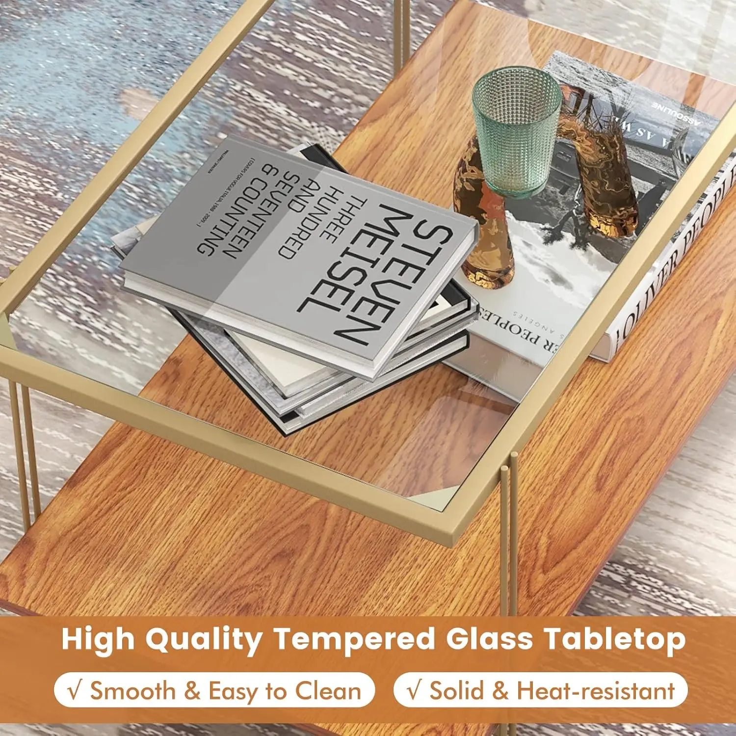 Tangkula Glass Coffee Table, 40In Mid Century 2 Tier Rectangle Coffee Table, Tempered Glass Top & Wood Storage Shelf, Steel