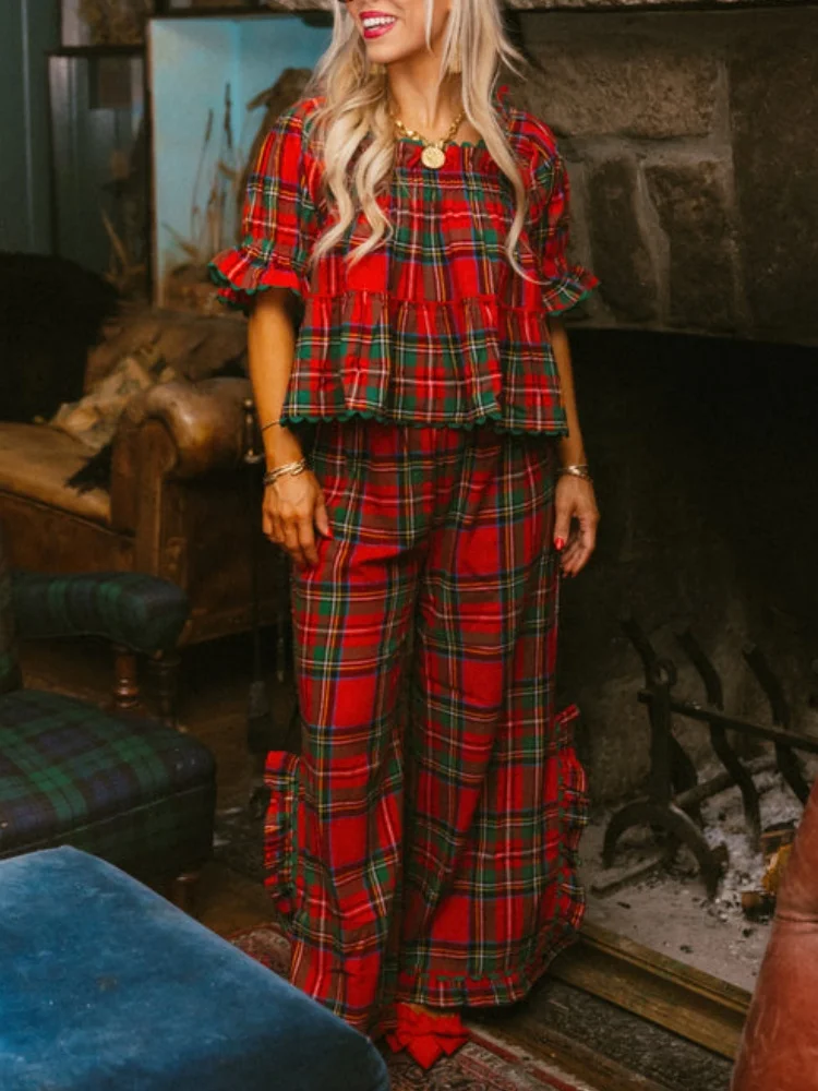 

Women Plaid Pajama Set Y2k Ruffle Hem Puff Sleeve Babydoll Shirt Gingham Pants 2 Piece Pj Outfits Pjs Sleepwear Lounge Sets