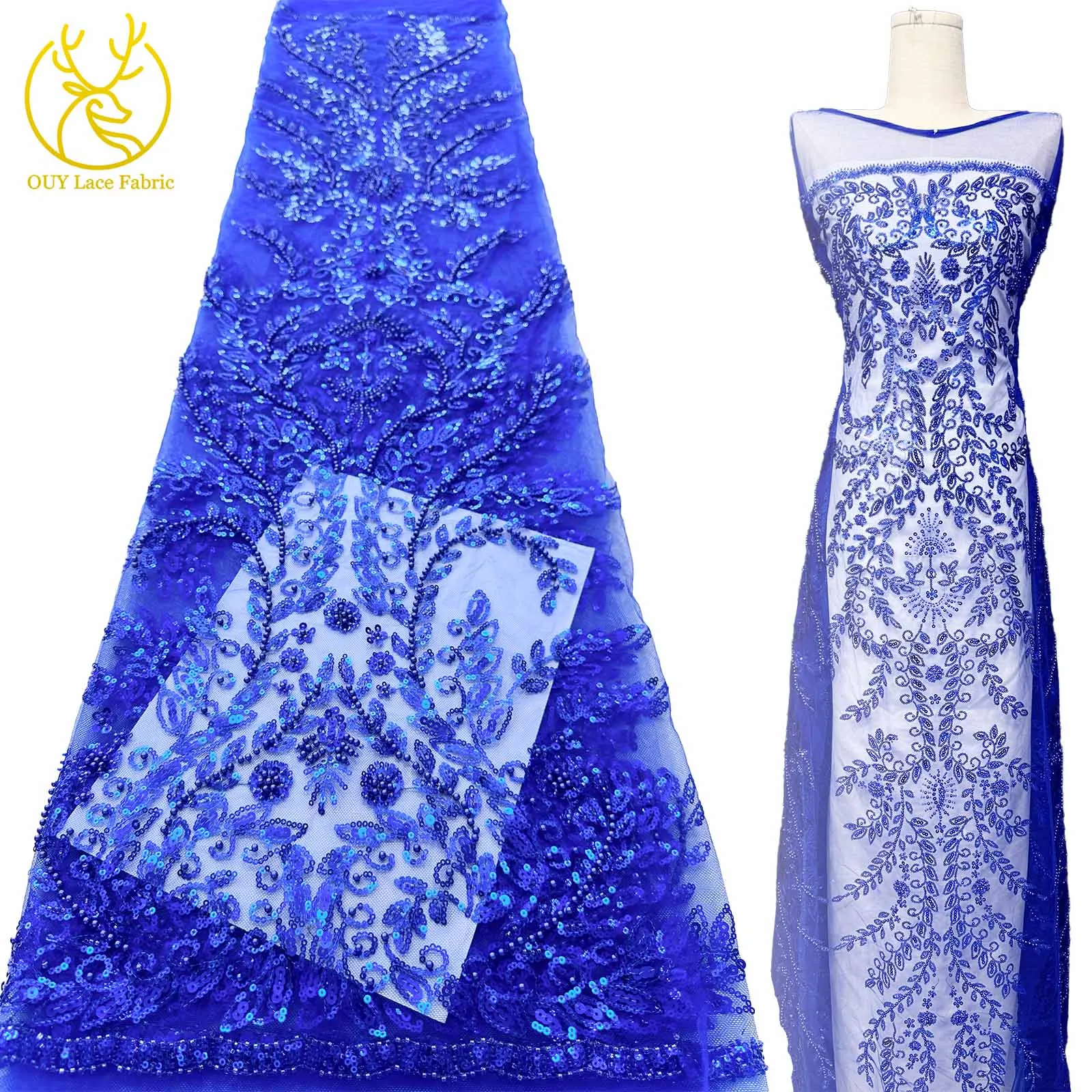 

African Beaded Lace Fabric 2025 Fashion French Nigerian Sequined Wedding Tulle Women's Bridal Gown Dress Lace Sewing Material