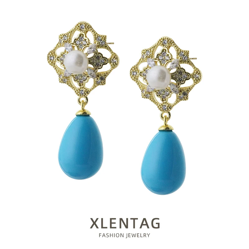 لؤلؤ المياه العذبة الطبيعية مربع الجوف الزركون مطعمة الفيروز قلادة أقراط خمر الأقراط الفاخرة النساء المجوهرات GE1747