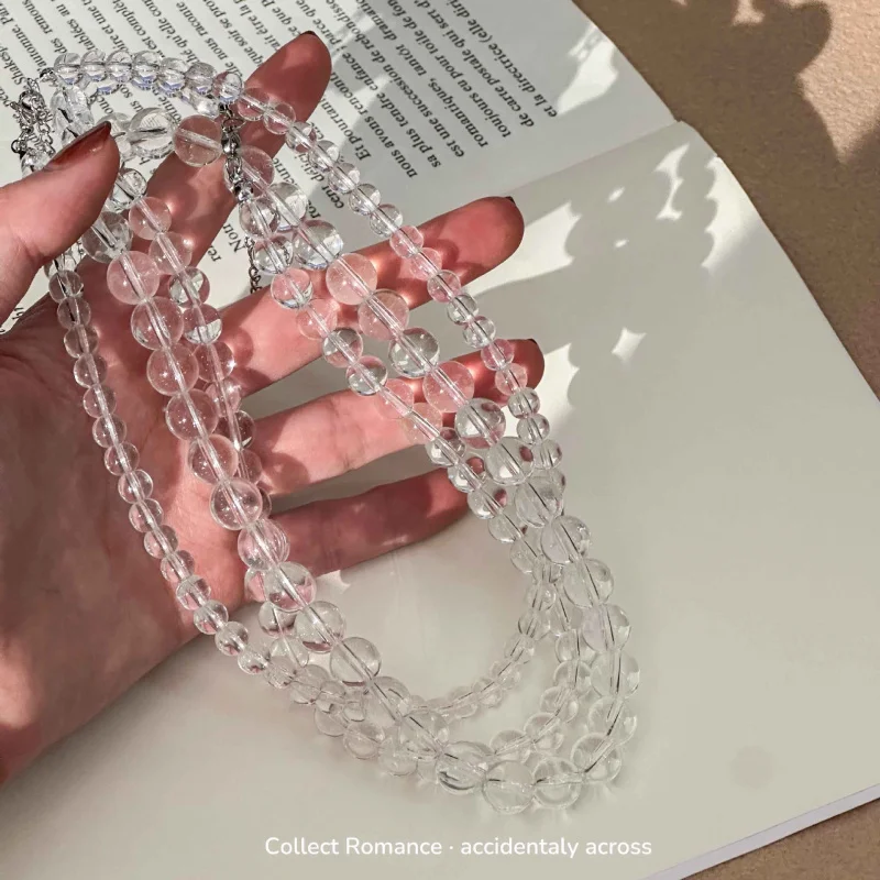 

New Summer Ice Feel White Crystal Glass High Transparency Necklace Versatile Simple Round Bead Choker Chain Light Luxury Women