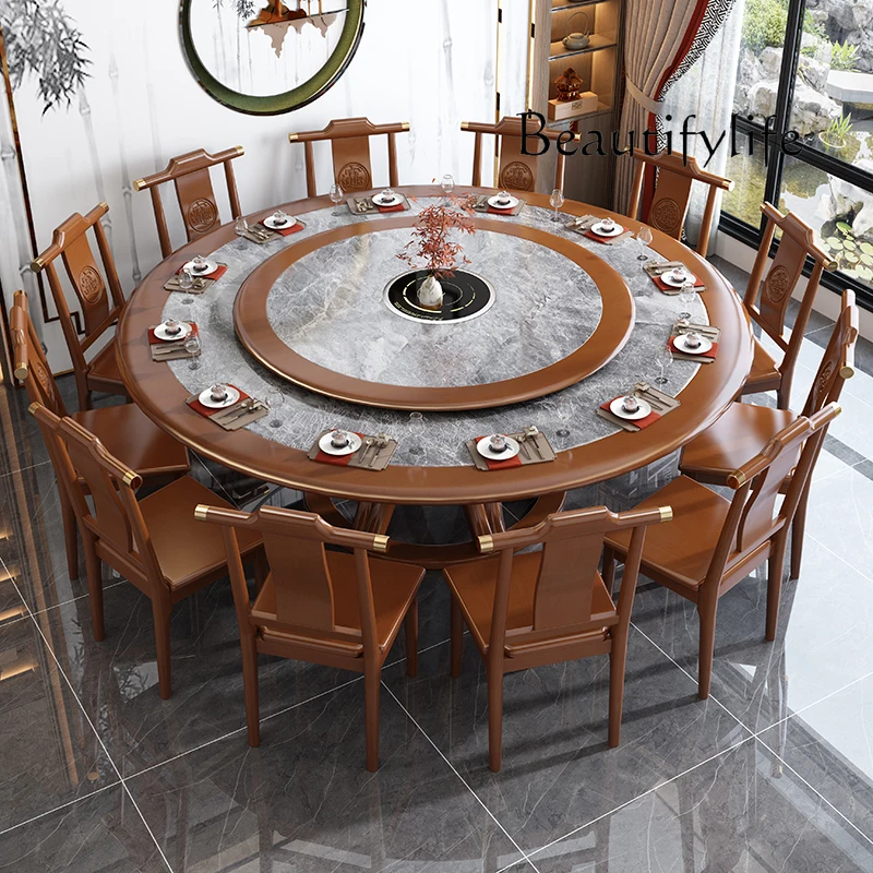 

Solid Wood Dining Table and Chair Assemblage Zone Turntable Household Hotel Stone Plate Dining Table with Induction Cooker