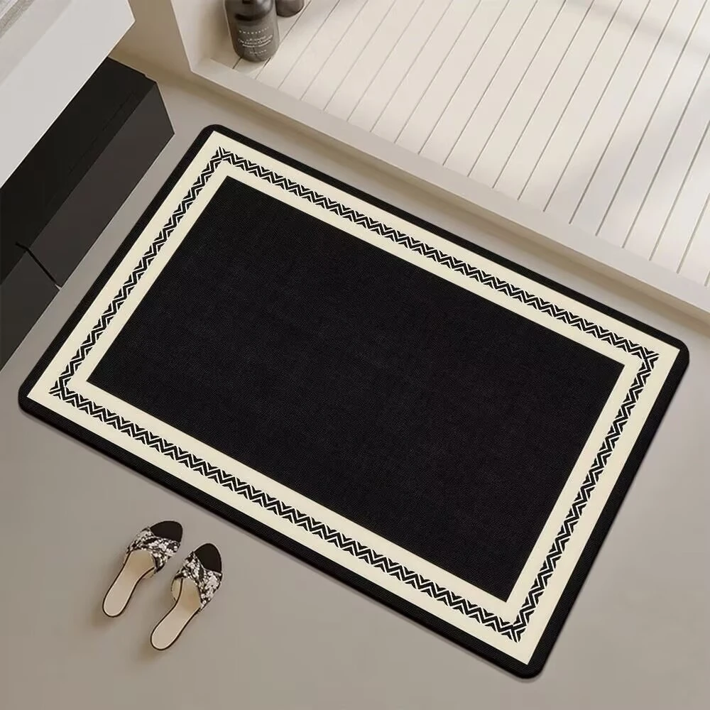 Black White Chevron Border Print Bath Mat Quick Dry Bathroom Rug Simple Geometric Frame Neutral Tone For Indoor Foot Carpet