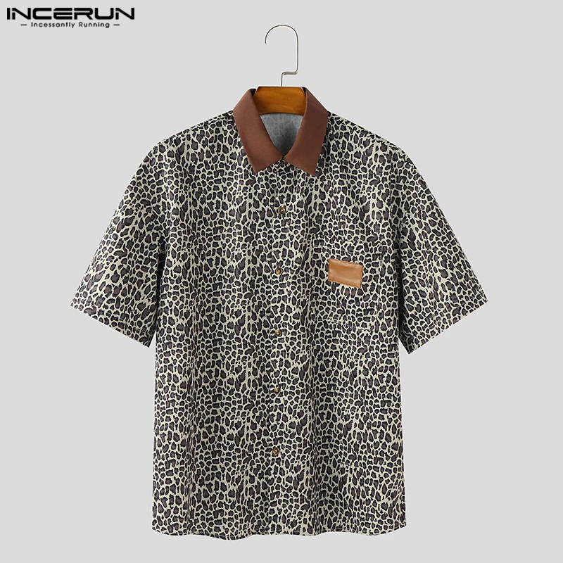 INCERUN Camicia da uomo Stampa leopardata Patchwork Risvolto Manica corta Oversize Abbigliamento uomo Streetwear Vacanza estiva Moda Top 2025