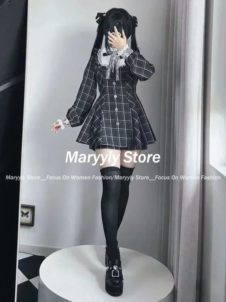 Japanres Sweet Preppy Style Bow Ruffles Dresses Women Y2k Harajuku Slim Mini Dress Autumn Gothic Plaid Long Sleeve Party Dress