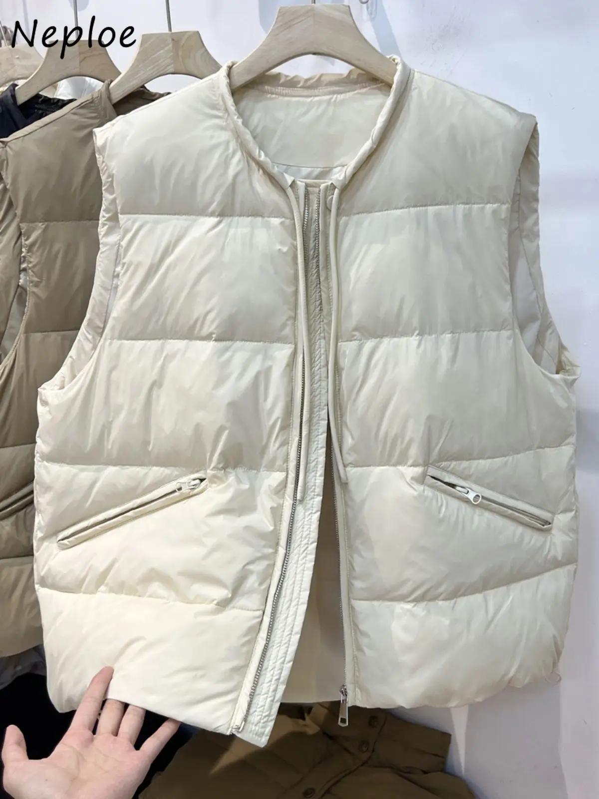 

Neploe Solid Europe Short Casual Coat Women Premium O Neck Drawstring Sleeveless Jacket Warm Zip Plaid Vintage Chaqueta Mujer