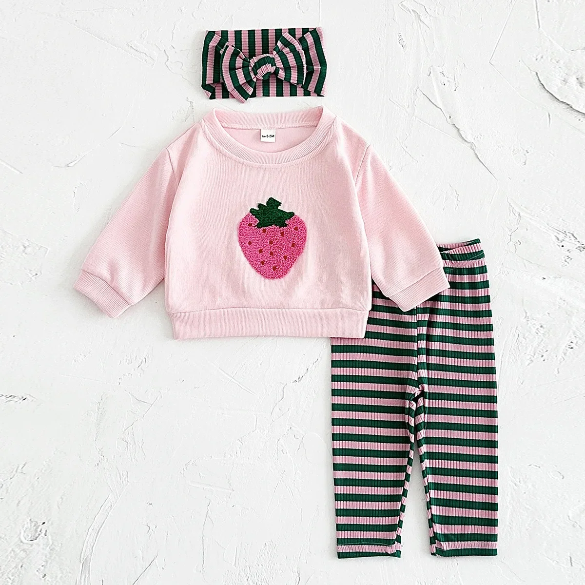 

Autumn 3pcs Children Girl Outfit Fruit Embroidery Sweatshirt Stripe Pants Headband Set Cute 0-3Y Toddler Clothing
